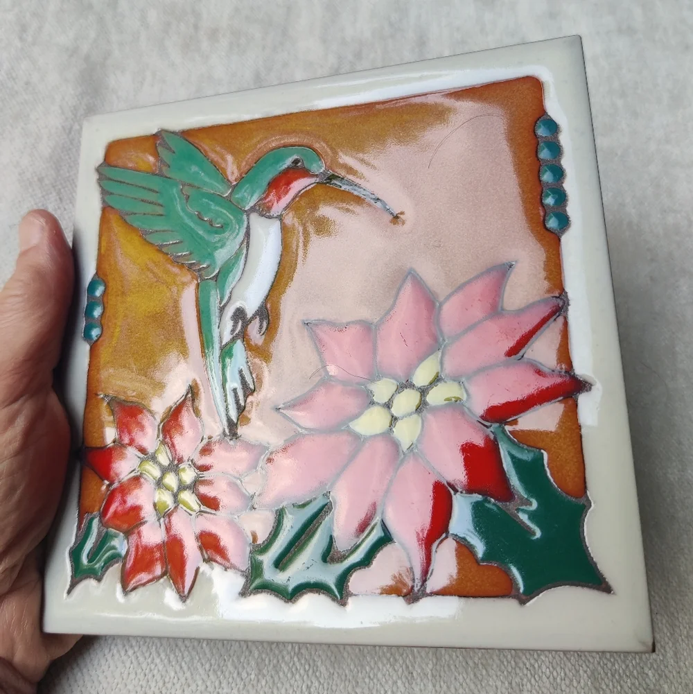 Hummingbird Poinsettia Ceramic Wall Art Tile Trivet Vintage Masterworks USA 6x6